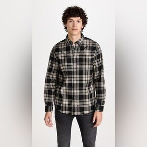 Alex Mill Wash & Go Plaid Flannel Shirt - Black Cream - Size L - 100% Cotton